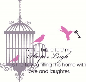 Wall Decal Quote Nursery Bird Cage with 3 Birds and Skeleton Key with Name and Quote Wall Decal Wall Sticker Wall Tattoo Wall Transfer
